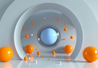 A white and orange balls are in a circular room. AI.