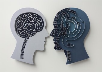 two human heads with a brain inside of them. ai.