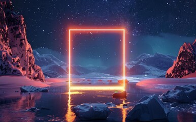 Wall Mural - a frame with a neon light in the middle of an icy landscape. ai.