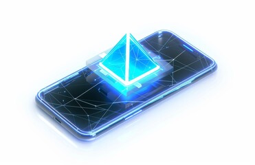 Poster - A smartphone with a glowing blue triangle on top of it. AI.