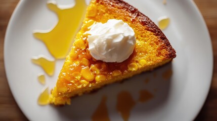 Wall Mural - Top view of a slice of sweet corn cake, drizzled with honey and topped with a dollop of whipped cream.