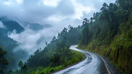 Endless asphalt ribbon winds through a green mountain valley, promising scenic summer escape