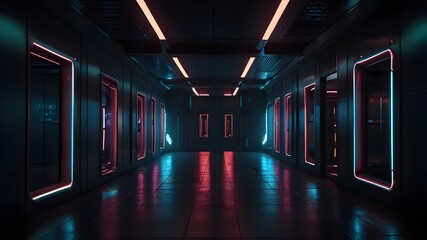 Wall Mural - Endless flight in a futuristic dark corridor with neon lighting Generative AI