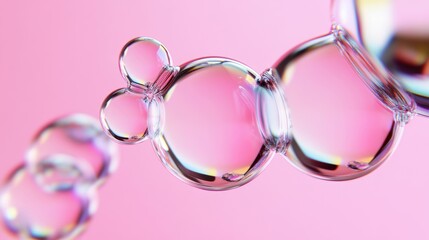 Poster - Delicate bubbles float in the air, showcasing a vibrant spectrum of colors on a soft pink background