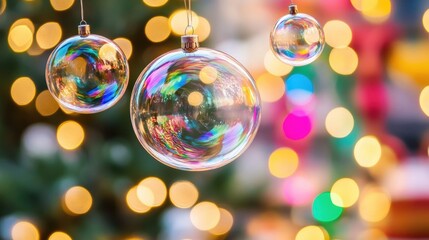 Poster - Bubbles float gracefully while colorful lights create a whimsical, dreamy background