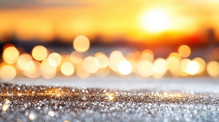 Poster - Glitter and bokeh lights combine to create a warm, enchanting glow against an orange backdrop during sunset
