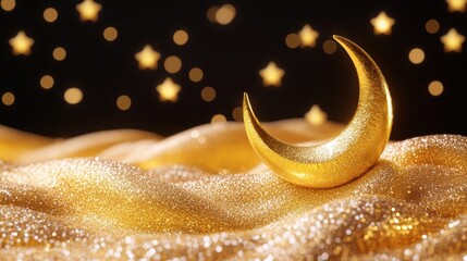 Poster - A golden crescent moon shines brightly with sparkling stars in a tranquil twilight setting