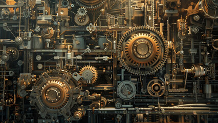 Intricate Abstract Factory Scene with Interwoven Gears, Machinery Parts, and Metallic Vibrant Colors Highlighting Industrial Complexity