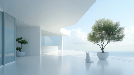 Poster - A bright and tranquil space showcases modern design with curved columns and plants, inviting relaxation and a connection to nature