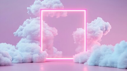 Wall Mural - a bright neon frame floats among soft clouds in a tranquil setting