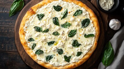 Top view of a white pizza with ricotta cheese, spinach, garlic, and mozzarella, on a thin and crispy crust.