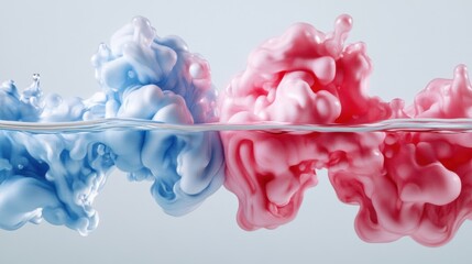 Poster - Red and blue ink clouds mix in clear water, creating vibrant patterns and intriguing visual effects