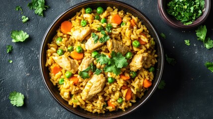 Wall Mural - Top view of curry fried rice with chicken, peas, and carrots, flavored with curry powder and garnished with cilantro.