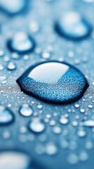 Poster - Water droplets rest on a smooth blue surface, showcasing their intricate shapes and reflections under soft lighting
