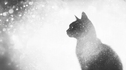 Poster - A black cat silhouette stands out against a soft white background filled with abstract wave patterns and shimmering sparkles