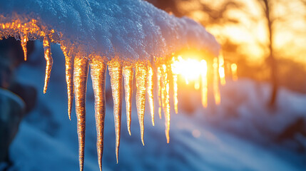 Beautiful icicles in the sun hang from the edge of the ice wall