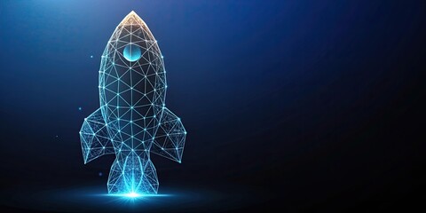 Polygonal wireframe rocket concept design on dark background, polygonal, wireframe, mesh, futuristic, rocket