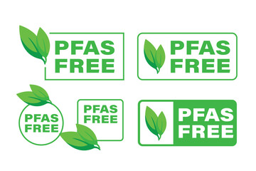 A set of PFAS Free badges in various designs with leaf motifs, indicating chemical free and environmentally safe products., set of eco icons