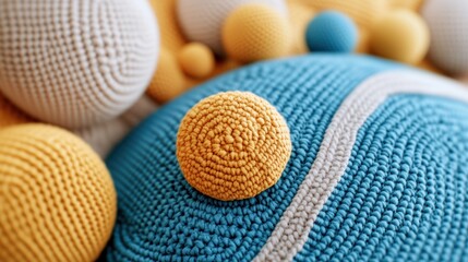 Poster - A close up of a blue and yellow crocheted tennis ball, AI