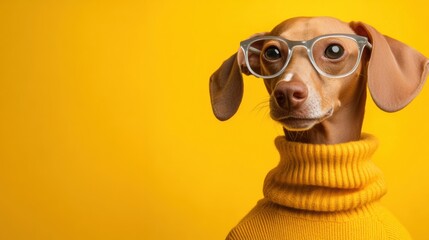 Wall Mural - A dog wearing glasses and a sweater with yellow background, AI