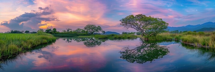 Wall Mural - Gentle hues of the sunset are reflected in calm waters, surrounded by a verdant landscape of trees, grass, and distant peaks.