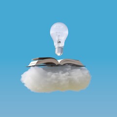 Poster - Opening Book put on cloud with light bulb floating  isolate on blue sky background. 3D Rendering. Minimal Creative Education idea concept.