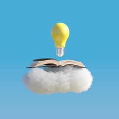Poster - Opening Book put on cloud with Yellow light bulb floating  isolate on blue sky background. 3D Rendering. Minimal Creative Education idea concept.
