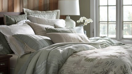 The mix of soft muted colors and various textures in this bedding ensemble create a serene and sophisticated look for any bedroom.