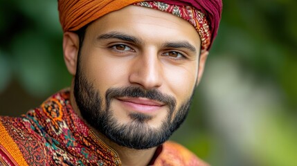 Poster - A man with a beard and turban wearing an orange headdress, AI