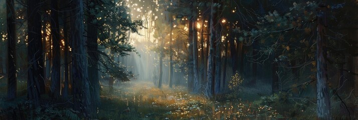 Poster - Forest at Dusk with Sunlight Filtering Through the Trees