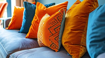 Wall Mural - Vibrant orange velvet cushions tered on a plush sofa bringing warmth and character to the interior design.