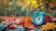 © Riz - Vintage Blue Alarm Clock Among Autumn Leaves