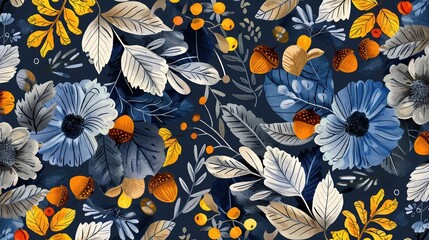 Aufkleber - Abstract Watercolor Pattern with Blue Flowers, Orange Acorns, and Yellow Leaves on a Navy Background