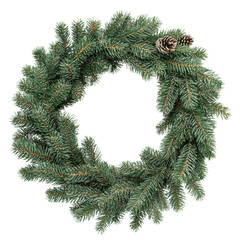 Festive evergreen wreath adorned with pinecones for seasonal decoration, cut out - stock png.