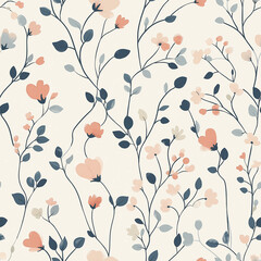 Canvas Print - Elegant seamless pattern featuring delicate floral vines with pastel flowers and leaves on a light cream background. Ideal for spring-themed designs and textile applications.