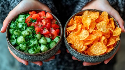 Wall Mural - A person choosing between healthy and unhealthy food highlights the difference in eating habits.