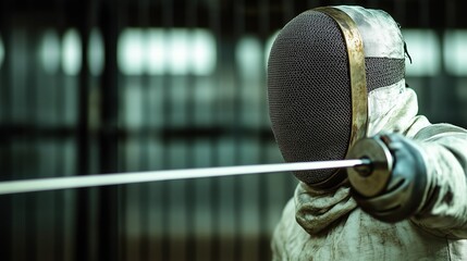 A close-up shows a fencer's tension, sleek mask, and swift, precise movements in a thrilling duel.