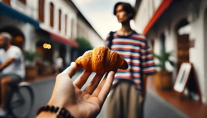 A hand offers croissant to a woman, illustration, food, bakery and pastry concept