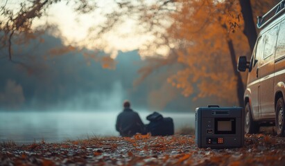 Poster - a small portable energy source or a power bank beside a camper van in a scenic beautiful autumn fore