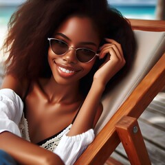 Portrait of happy young black woman relaxing on wooden deck chair at tropical beach while looking at camera wearing spectacles. Smiling African American woman with fashion sunglasses enjoying vacation