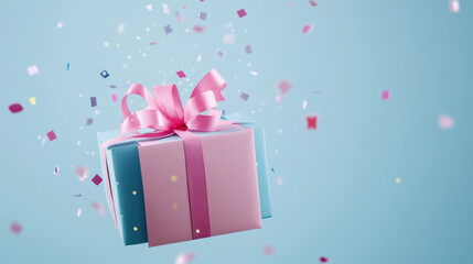 festive gift box with pink ribbon and confetti on a light blue background for celebrations