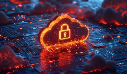 Poster - digital illustration of a padlock icon inside a cloud representing cyber security in technology, neo