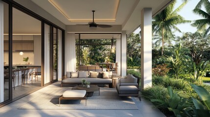 Sticker - Modern patio with comfortable furniture, a ceiling fan, and a view of lush tropical greenery.