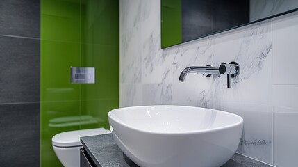 Wall Mural - A modern bathroom with a white bowl sink and green walls, AI