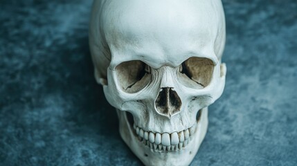 Poster - A white human skull on a blue background with no eyes, AI