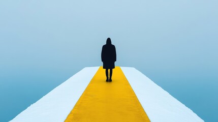 Wall Mural - A person walking on a yellow and white path with fog in the background, AI