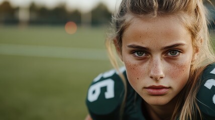 Poster - portrait of a teenage female flag football player with field in behind them