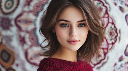 Poster - Close-up portrait of a young woman with beautiful blue eyes and a soft smile, looking directly at the camera, against a blurry background of a colorful mandala.