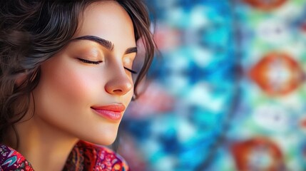 Poster - Close-up portrait of a beautiful young woman with closed eyes and a gentle smile. Her skin is radiant and flawless.