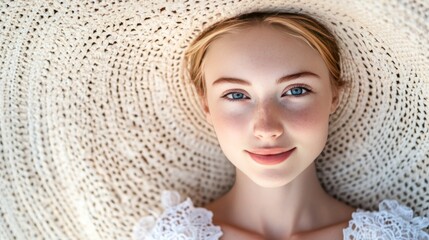 Sticker - Portrait of a young woman with blonde hair and blue eyes wearing a large straw hat.